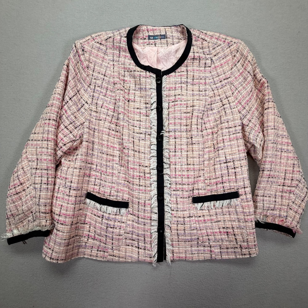 SA Denim Tweed Jacket Womens 24W Good Pink Frayed Trim Button Front Blazer